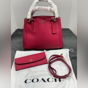 Coach Minetta Bright Pink Crossgrain Leather Shoulder Bag & Matching Wallet Set